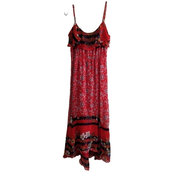 Anthropologie One September Zuri Midi Dress Small Red Floral Stripes Ruffles - Picture 4 of 9